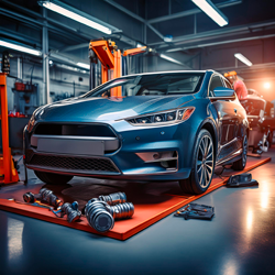 Auto v dílně autoservisu během opravy.