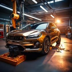 Auto v dílně autoservisu během opravy.